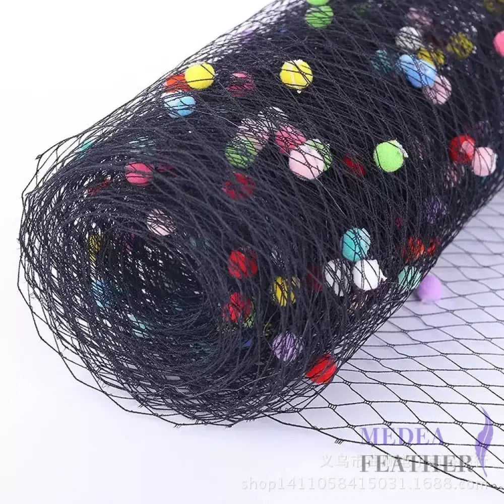 25cm Wide Bridal Veiling With Colourful Fluff Balls - 1m