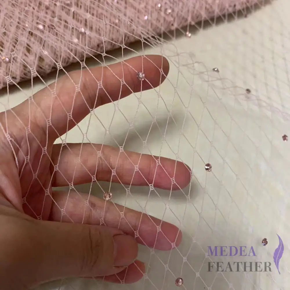 25cm Wide Bridal Veiling with Rhinestones - 1m Rose Pink Veiling with Rose Pink Rhinestones