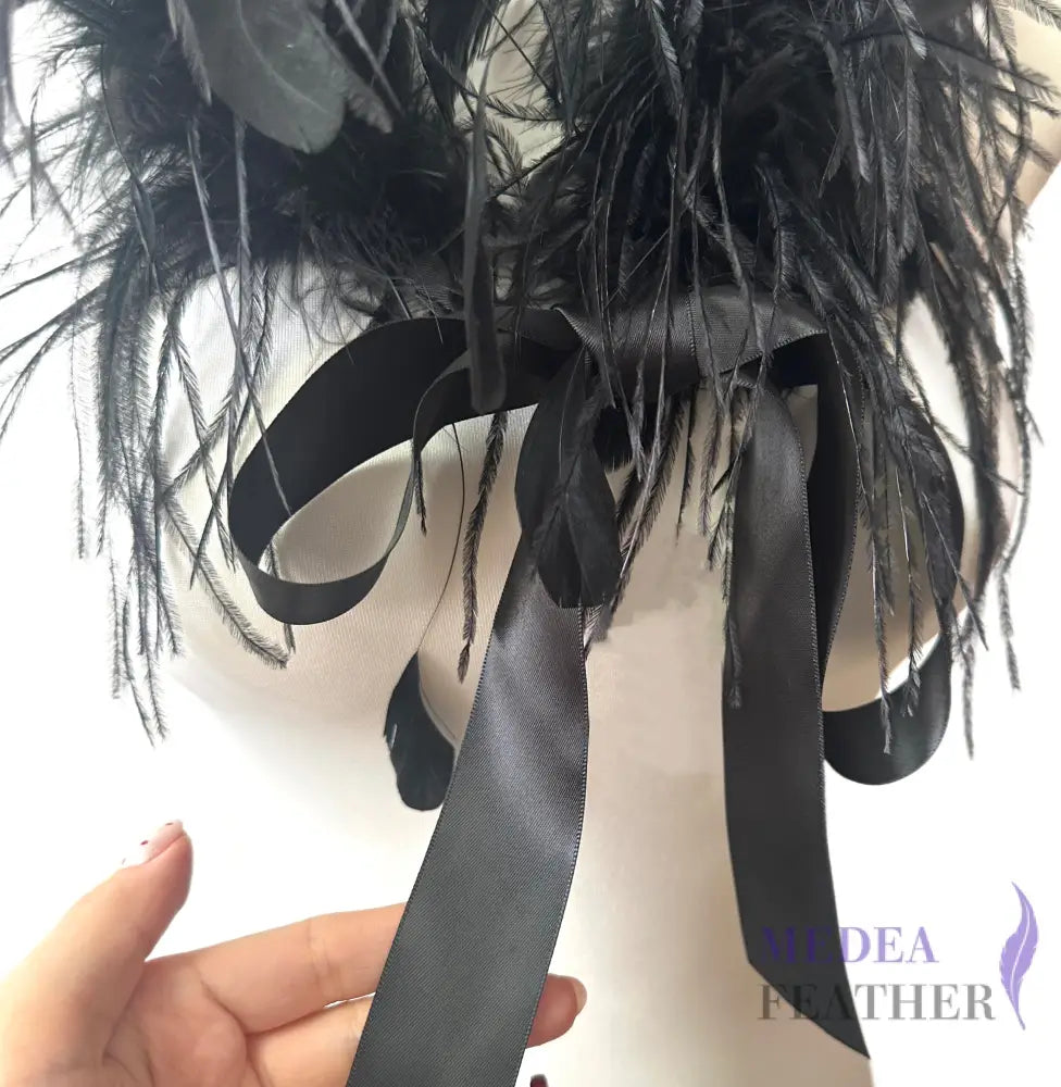 60cm Long Black Ostrich Feather Boa with Black Stripped Coque Feather