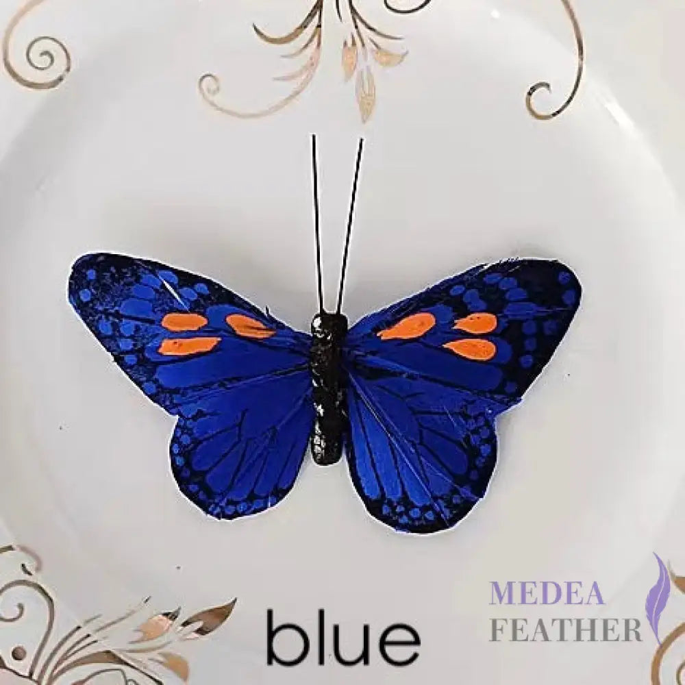 9cm wide Handmade Feather Butterflies Blue