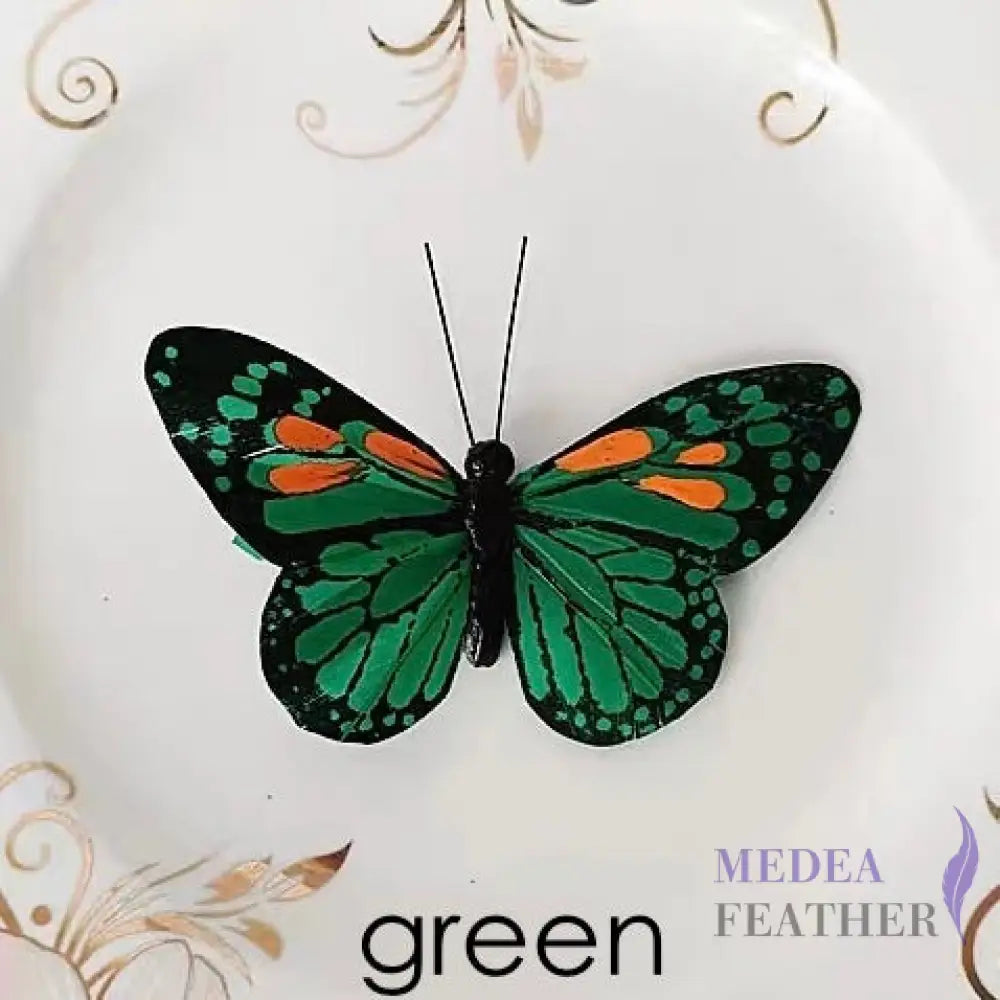 9cm wide Handmade Feather Butterflies Green