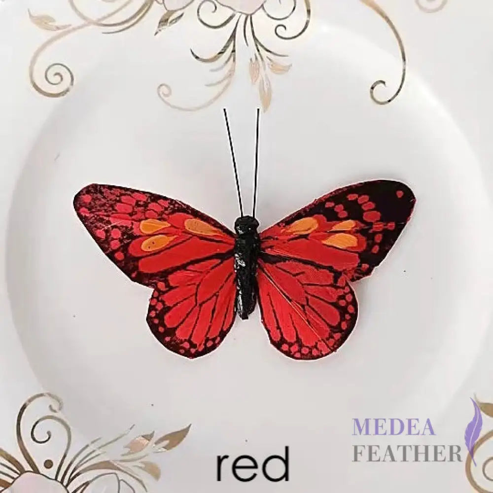 9cm wide Handmade Feather Butterflies Red