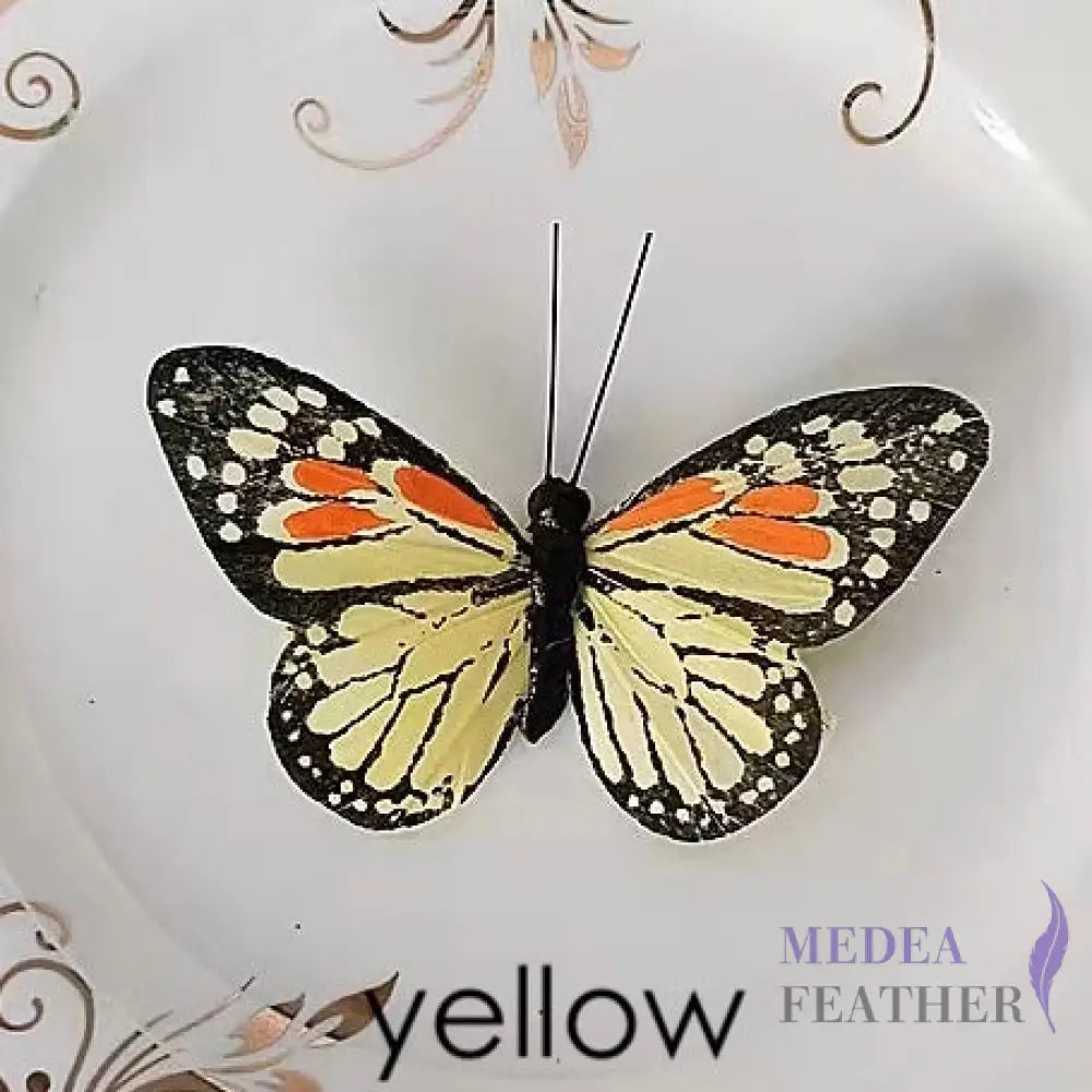 9cm wide Handmade Feather Butterflies Yellow