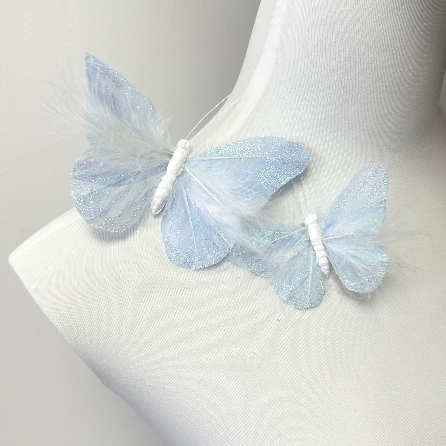 Handmade Pale Blue Glitter Feather Butterflies with Marabou Feathers - 12pcs Set