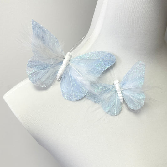 Handmade Pale Blue Glitter Feather Butterflies with Marabou Feathers - 12pcs Set
