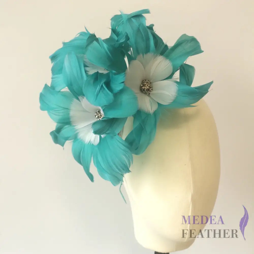 Five Flowers Handmade Double Layer Design Feather Flower Mount Cyan