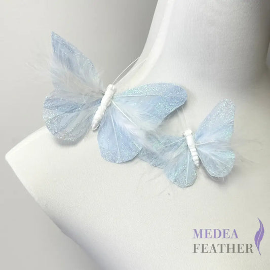 Handmade Pale Blue Glitter Feather Butterflies with Marabou Feathers - 12pcs Set