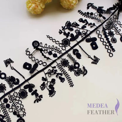13cm Wide Flower Lace Trim - Black