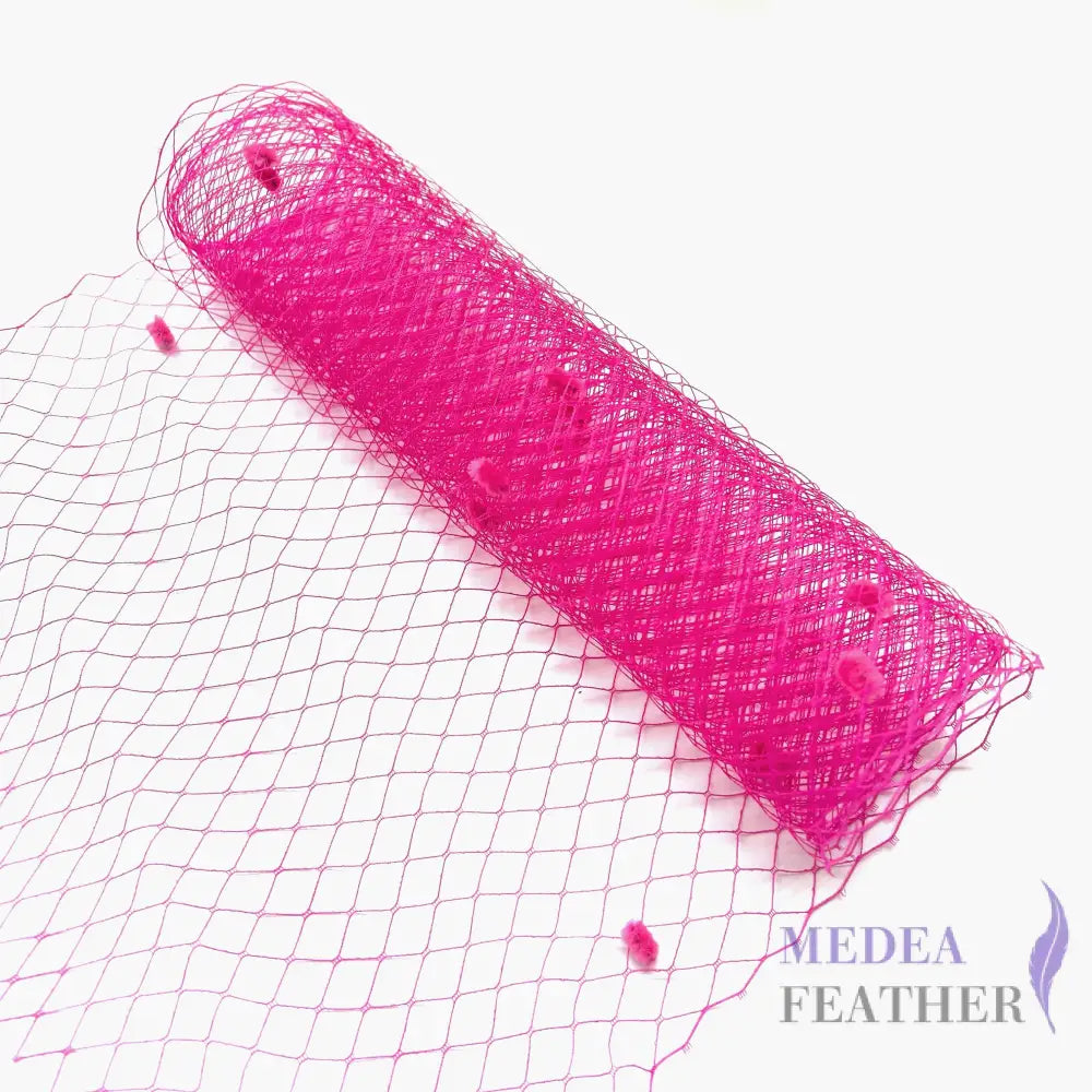 25cm Wide Bridal Veiling With Fluff Balls - 1m - Hot pink