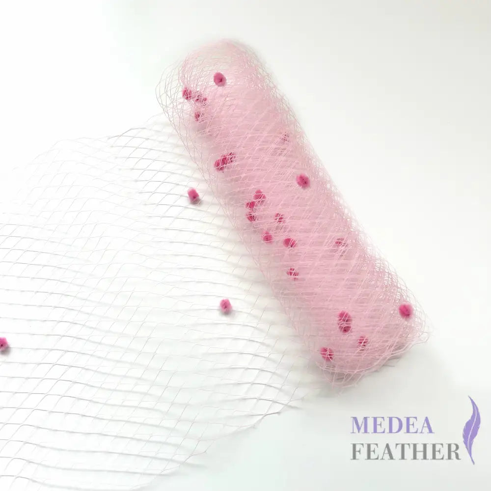 25cm Wide Bridal Veiling With Fluff Balls - 1m - Pink
