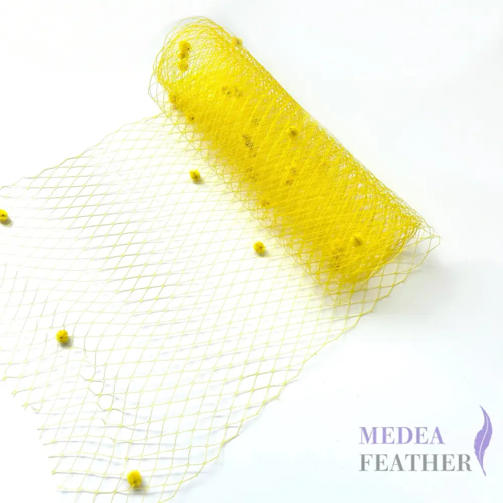 25cm Wide Bridal Veiling With Fluff Balls - 1m - Yellow