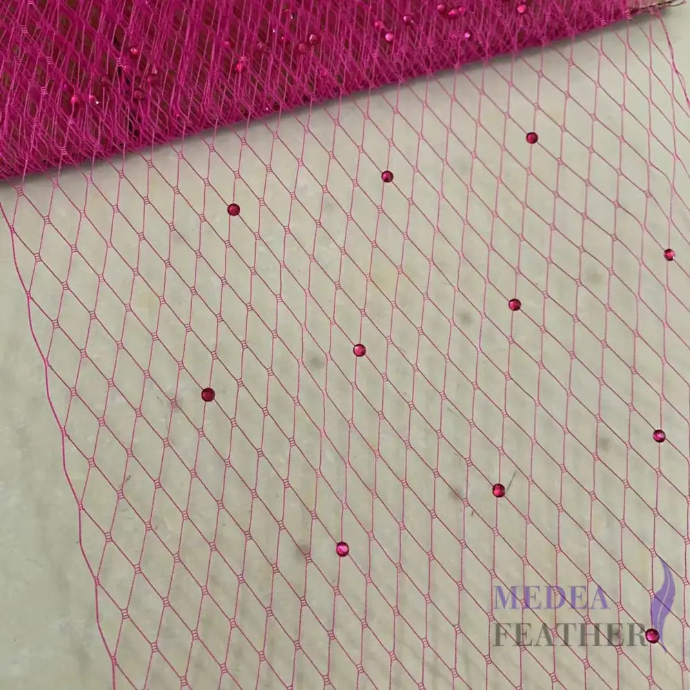 25cm Wide Bridal Veiling with Rhinestones - 1m Cerise Veiling with Cerise Rhinestones