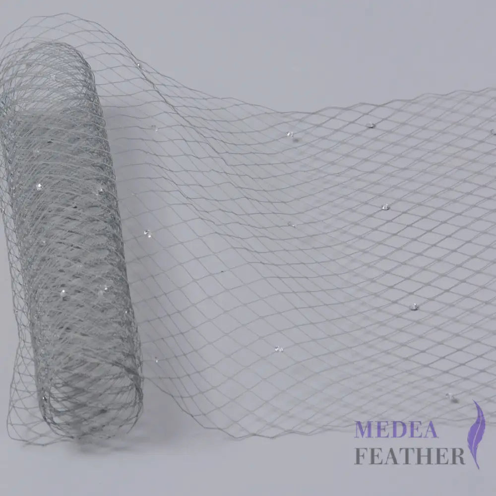 25cm Wide Bridal Veiling with Rhinestones - 1m Gray Veiling with White Rhinestones