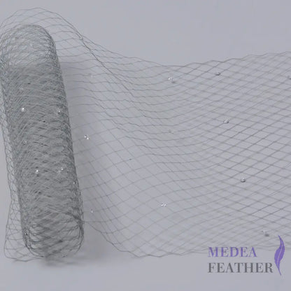 25cm Wide Bridal Veiling with Rhinestones - 1m Gray Veiling with White Rhinestones