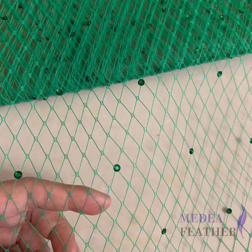 25cm Wide Bridal Veiling with Rhinestones - 1m Green Veiling with Green Rhinestones