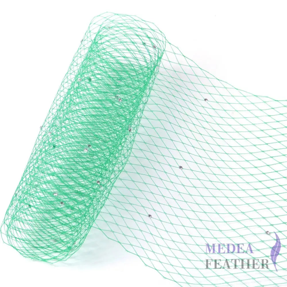 25cm Wide Bridal Veiling with Rhinestones - 1m Green Veiling with White Rhinestones