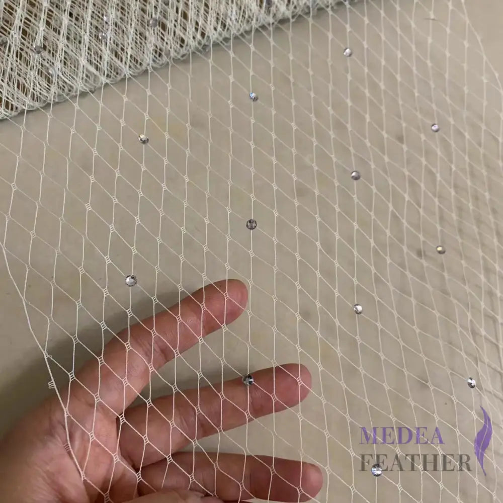 25cm Wide Bridal Veiling with Rhinestones - 1m Ivory Veiling with White Rhinestones