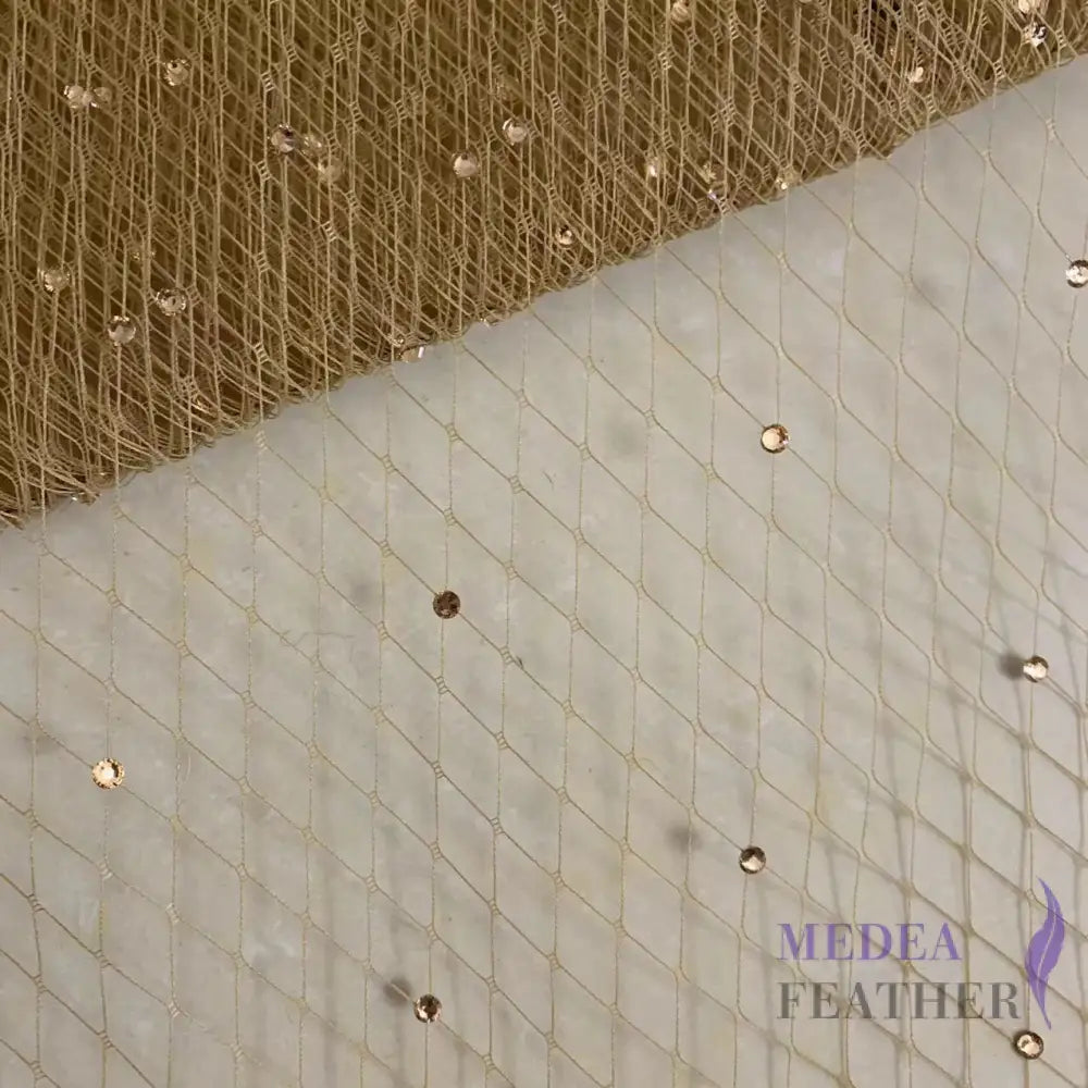 25cm Wide Bridal Veiling with Rhinestones - 1m Khaki Veiling with champagne Rhinestones