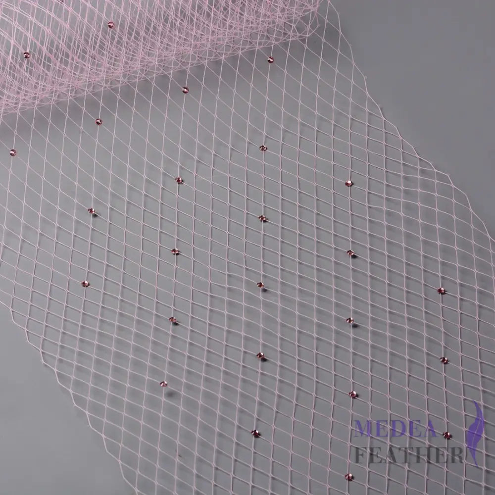25cm Wide Bridal Veiling with Rhinestones - 1m Light Pink Veiling with Pink Rhinestones