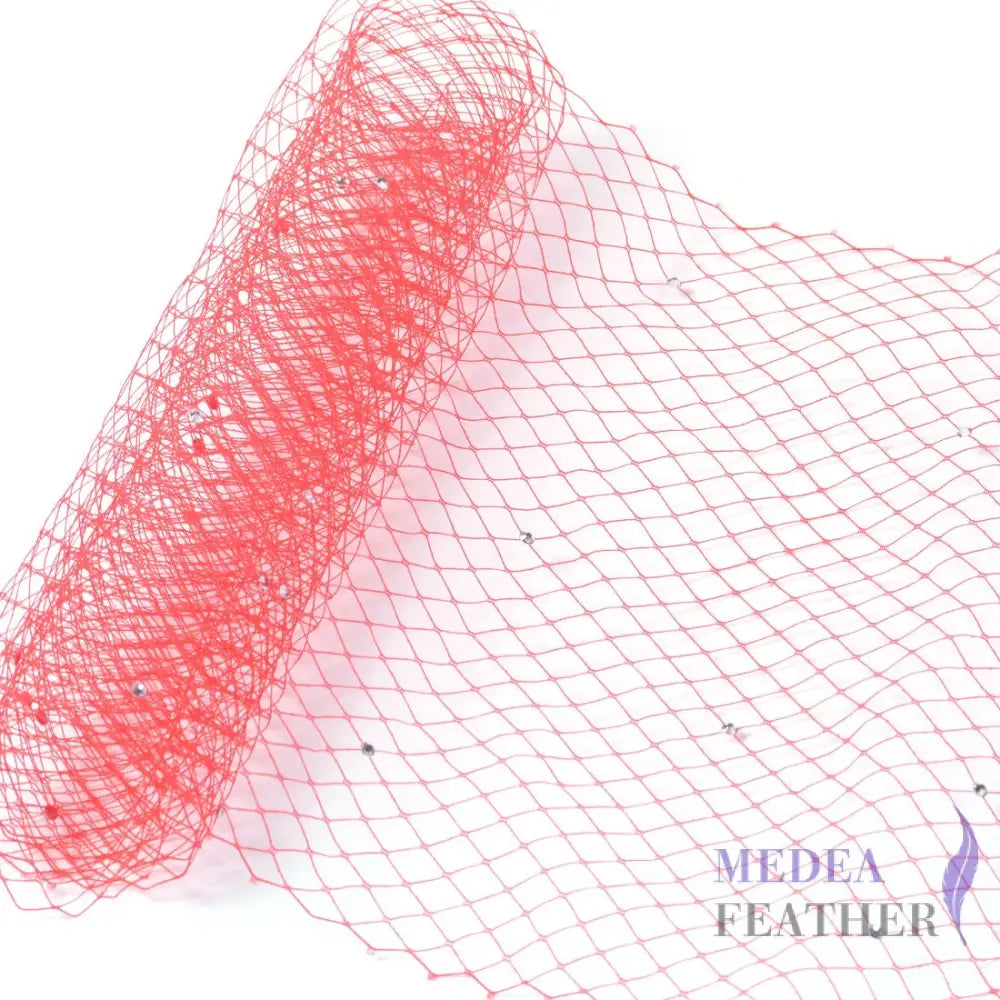 25cm Wide Bridal Veiling with Rhinestones - 1m Red Veiling with White Rhinestones