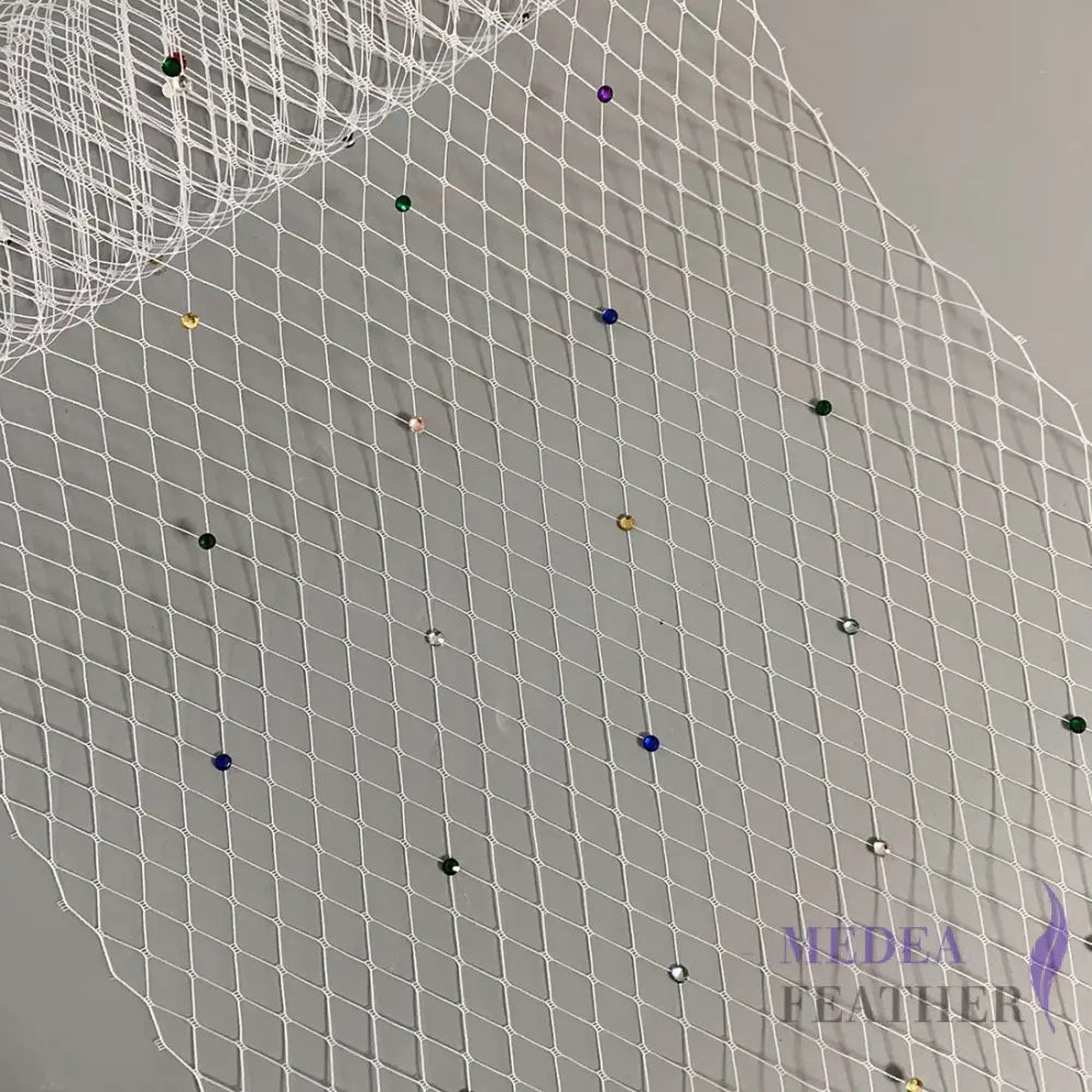 25cm Wide Bridal Veiling with Rhinestones - 1m White Veiling with colourful Rhinestones