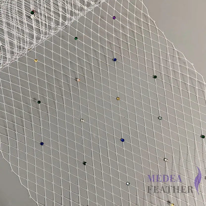 25cm Wide Bridal Veiling with Rhinestones - 1m White Veiling with colourful Rhinestones