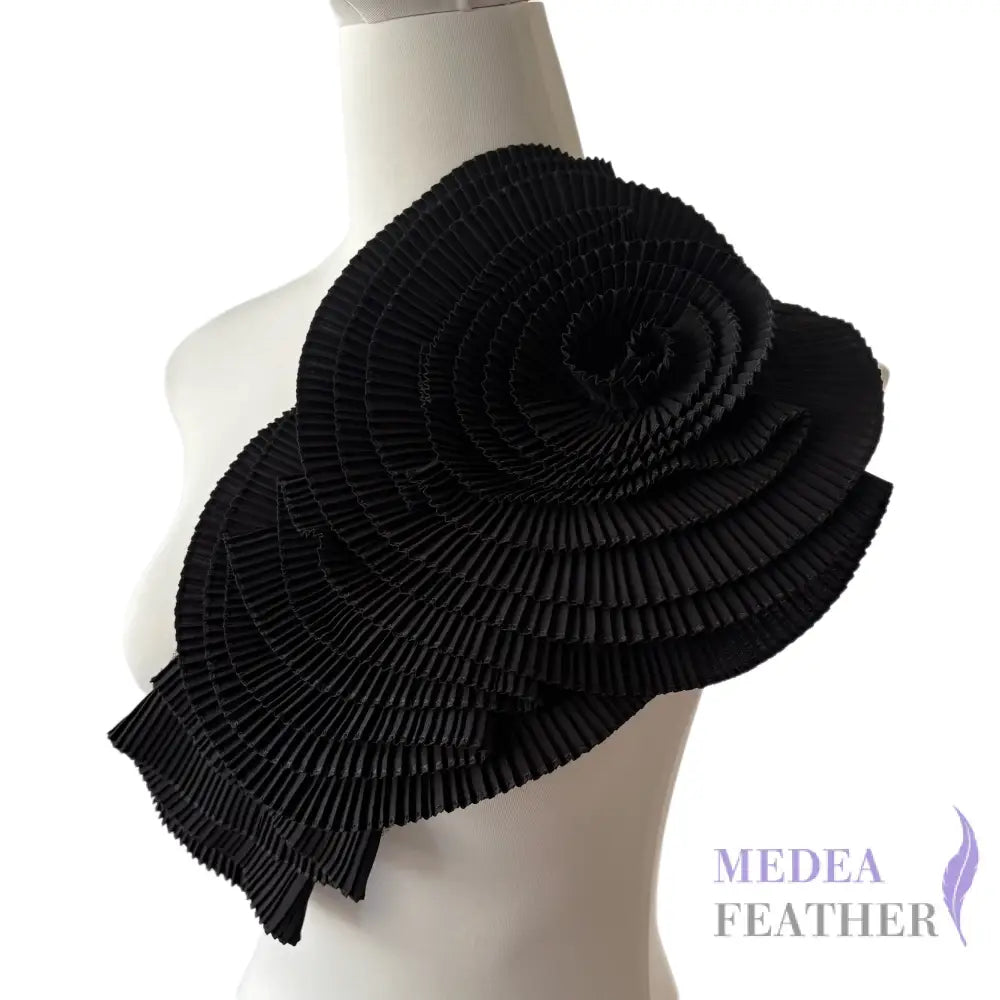 3D Pleated Ruffle Flower Applique | Couture Garment Patch - Black