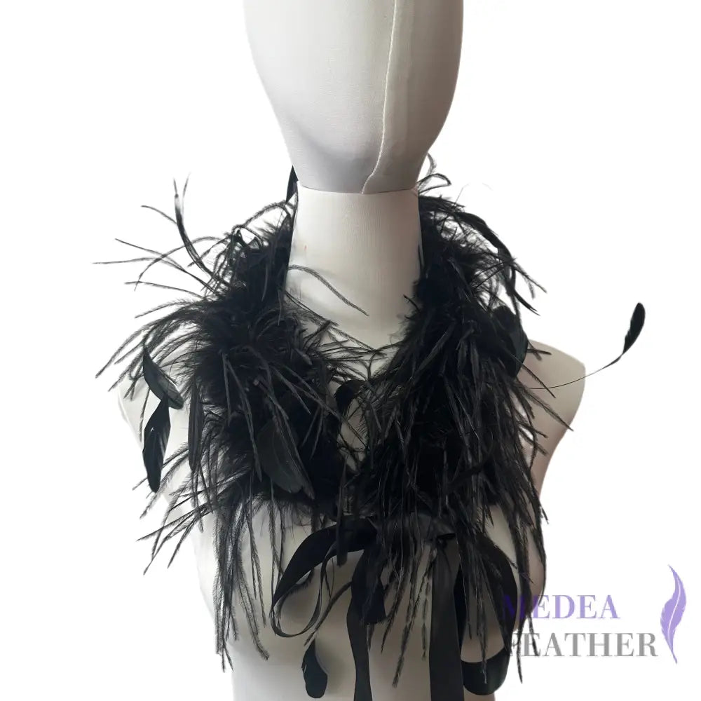 60cm Long Black Ostrich Feather Boa with Black Stripped Coque Feather