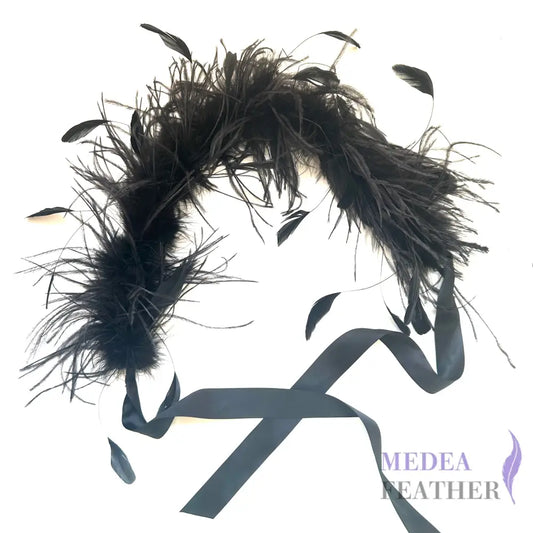 60cm Long Black Ostrich Feather Boa with Black Stripped Coque Feather