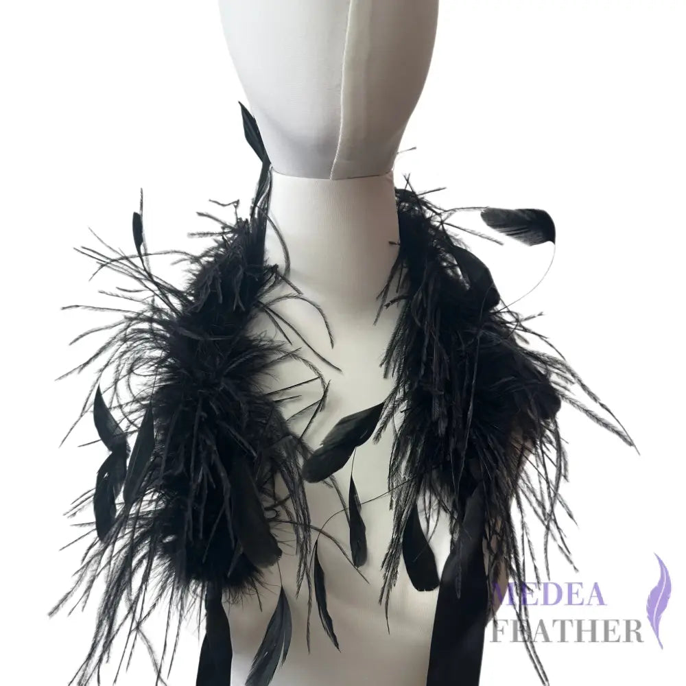 60cm Long Black Ostrich Feather Boa with Black Stripped Coque Feather