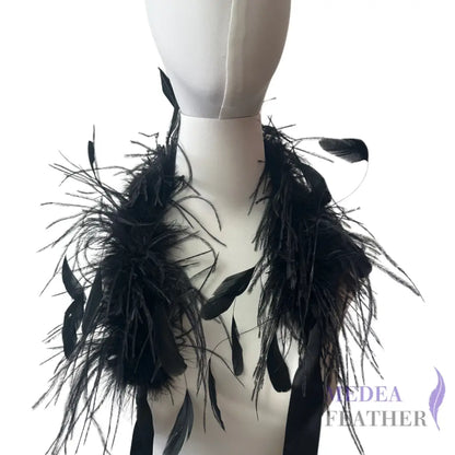 60cm Long Black Ostrich Feather Boa with Black Stripped Coque Feather