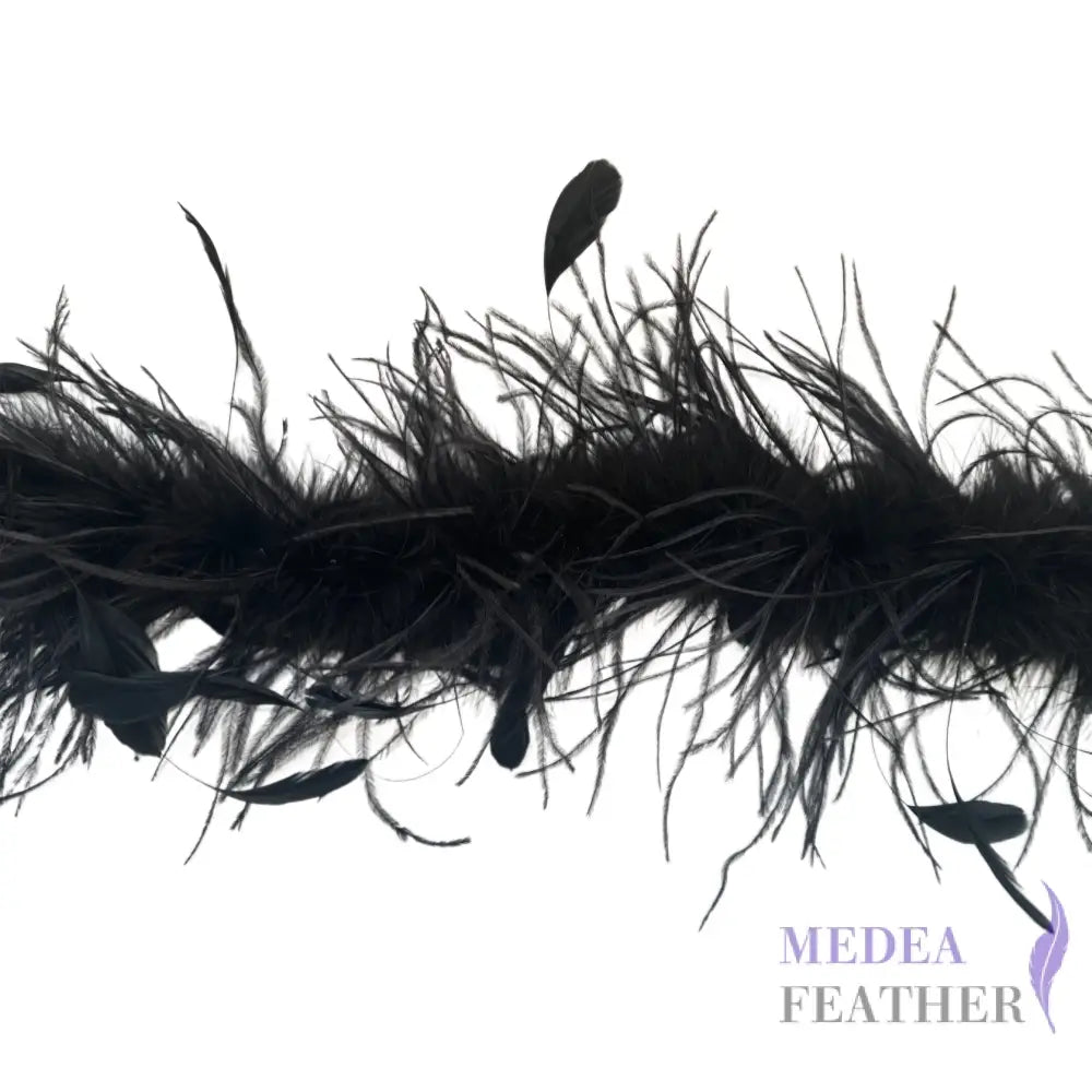 60cm Long Black Ostrich Feather Boa with Black Stripped Coque Feather