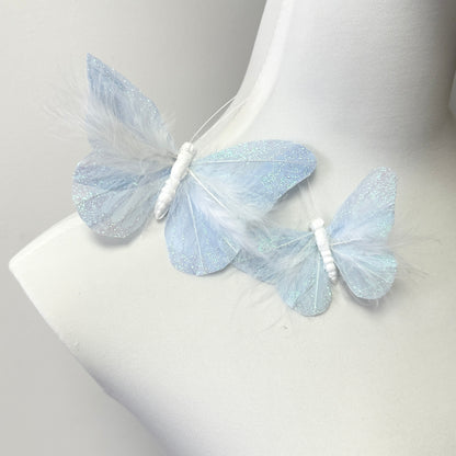 Handmade Pale Blue Glitter Feather Butterflies with Marabou Feathers - 12pcs Set