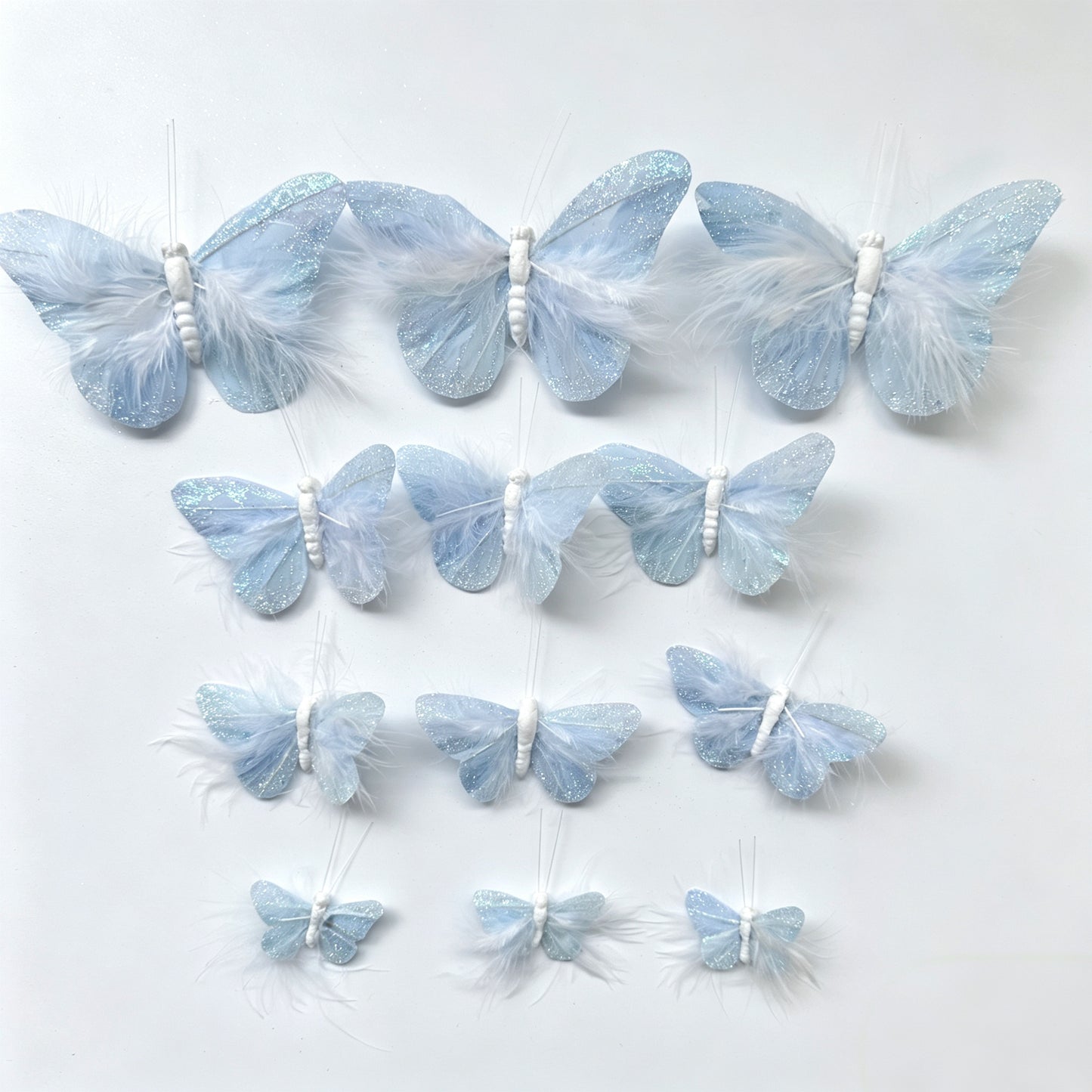 Handmade Pale Blue Glitter Feather Butterflies with Marabou Feathers - 12pcs Set