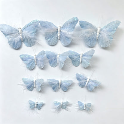 Handmade Pale Blue Glitter Feather Butterflies with Marabou Feathers - 12pcs Set