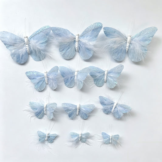 Handmade Pale Blue Glitter Feather Butterflies with Marabou Feathers - 12pcs Set