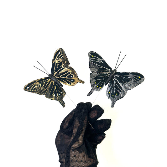 8cm wide Handmade Silver and Gold Feather Butterflies