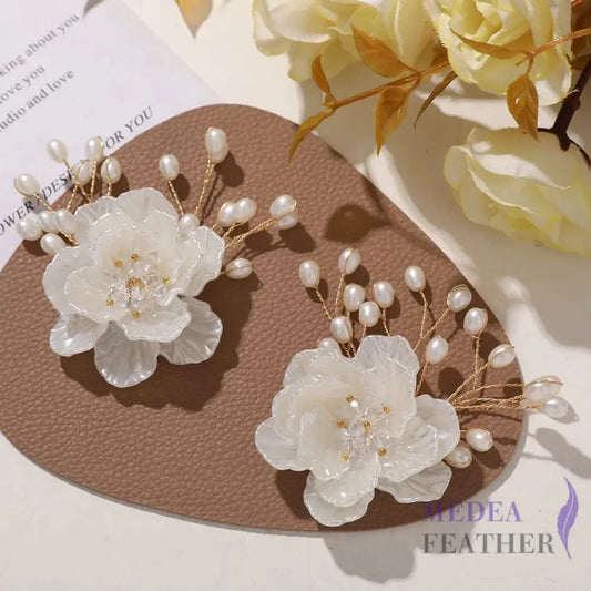 Bead Flower Applique Rhinestone Pearl White Shell Flower