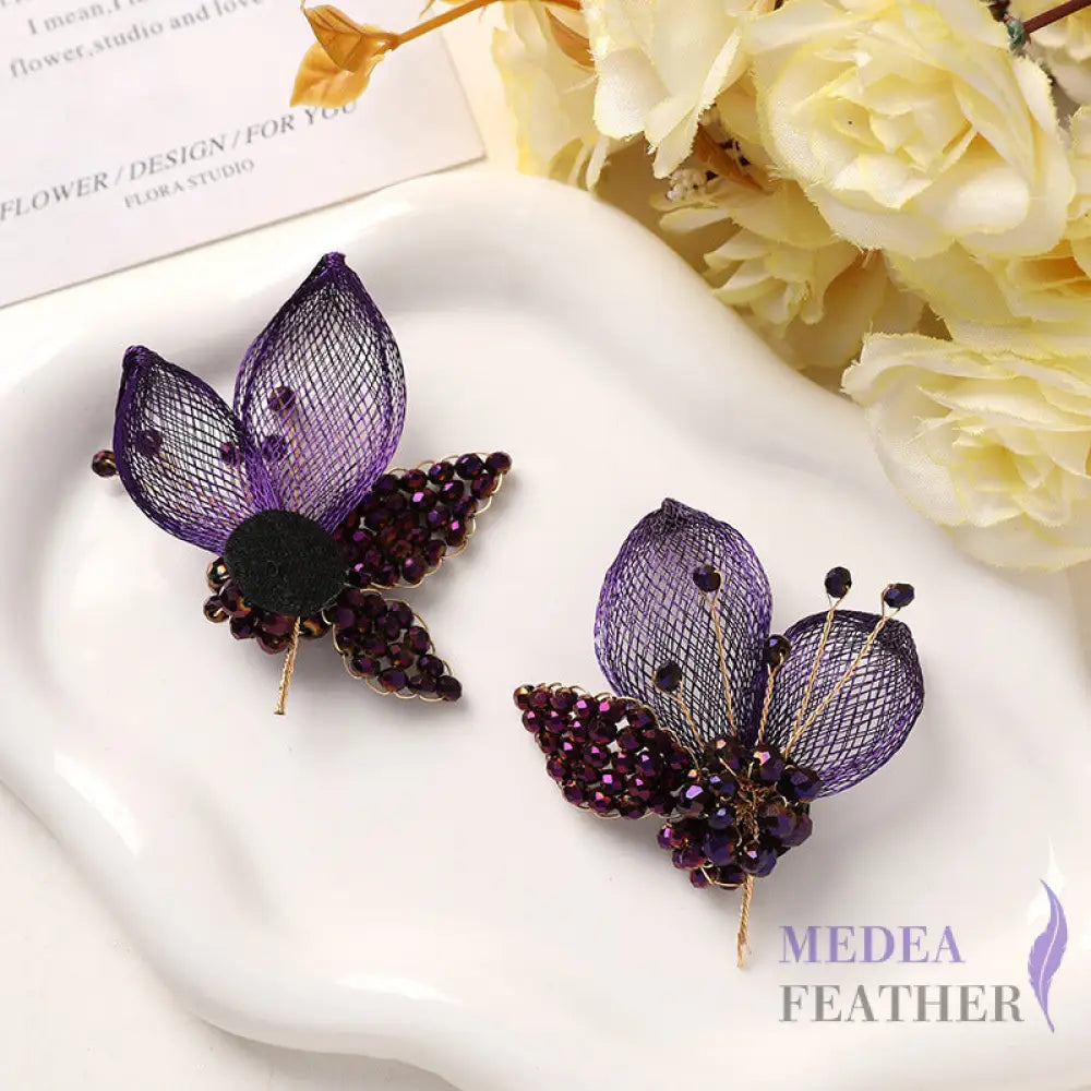 Crystal Beaded Copper Wire Butterfly-BF15 - Dark purple
