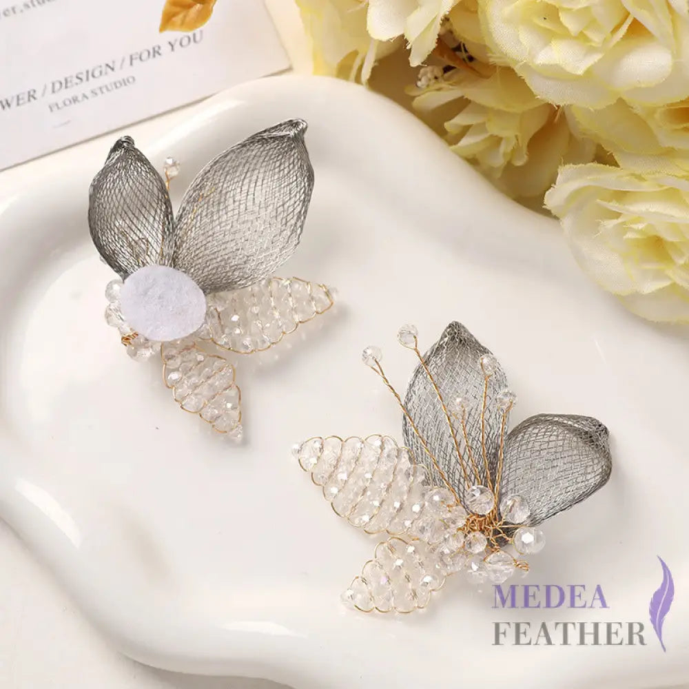 Crystal Beaded Copper Wire Butterfly-BF15 - Grey
