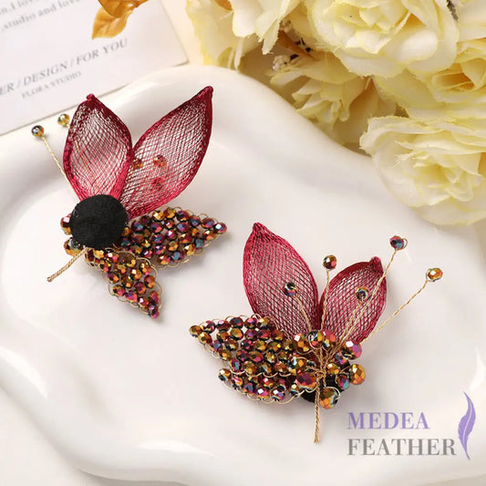 Crystal Beaded Copper Wire Butterfly-BF15 - Red