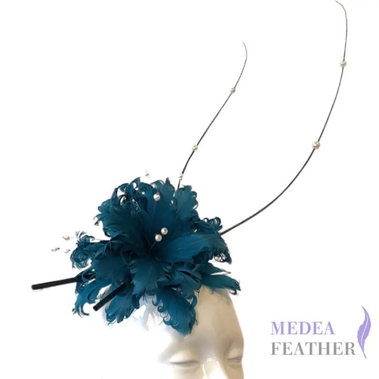 Curled Feather and Quill Bead Design Feather Mount DS250623 #82 teal