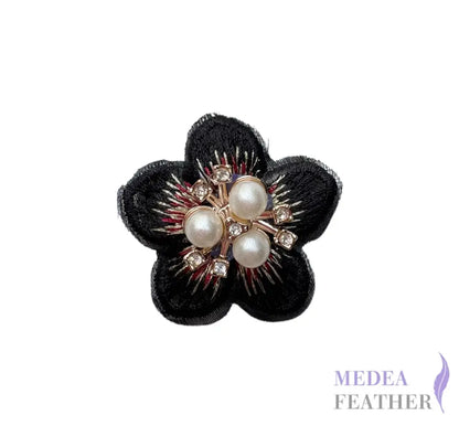 Embroidered Pearl Rhinestone Flower Applique - Black
