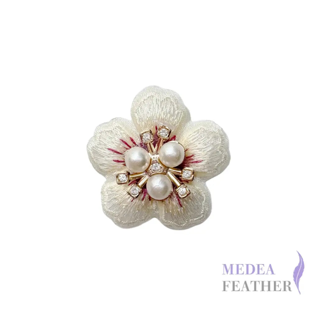 Embroidered Pearl Rhinestone Flower Applique - Cream