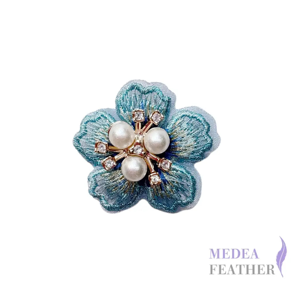 Embroidered Pearl Rhinestone Flower Applique - Light Blue