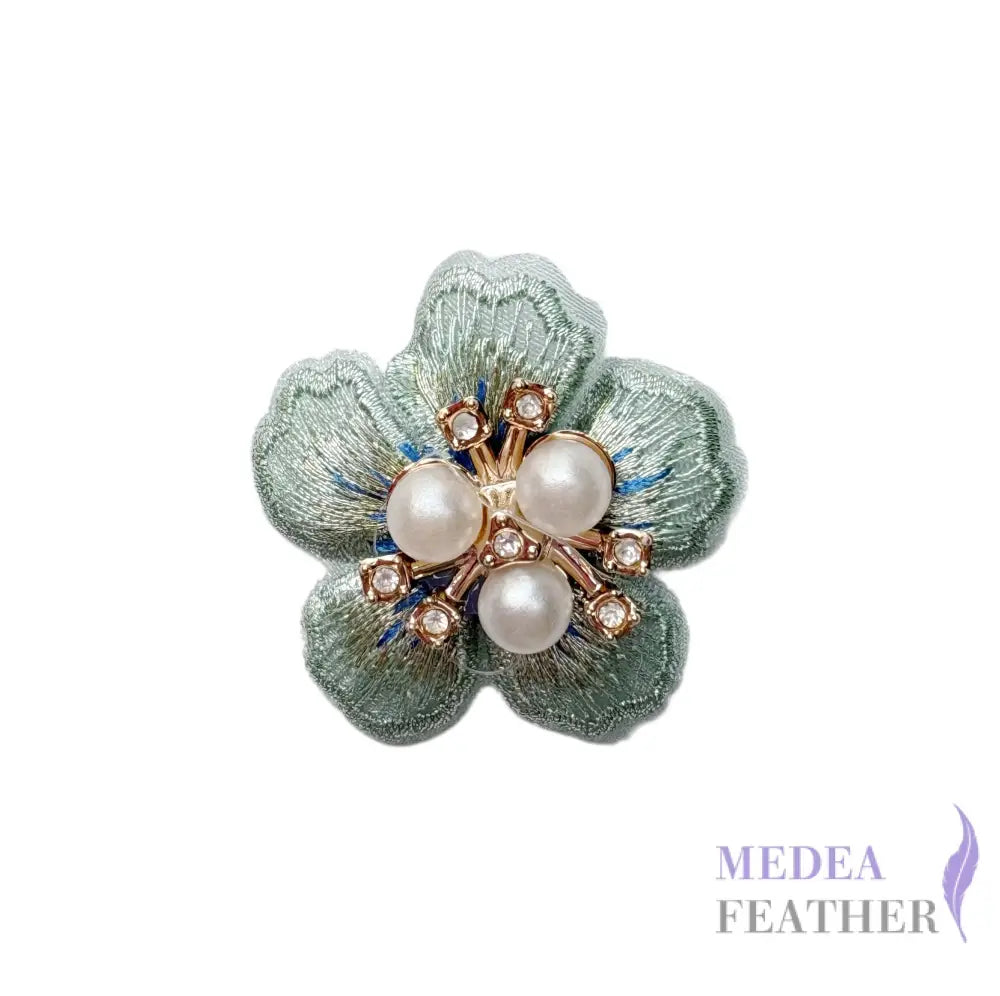 Embroidered Pearl Rhinestone Flower Applique - Sage Green