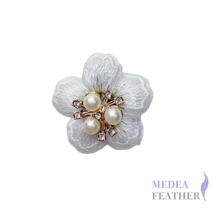 Embroidered Pearl Rhinestone Flower Applique - White