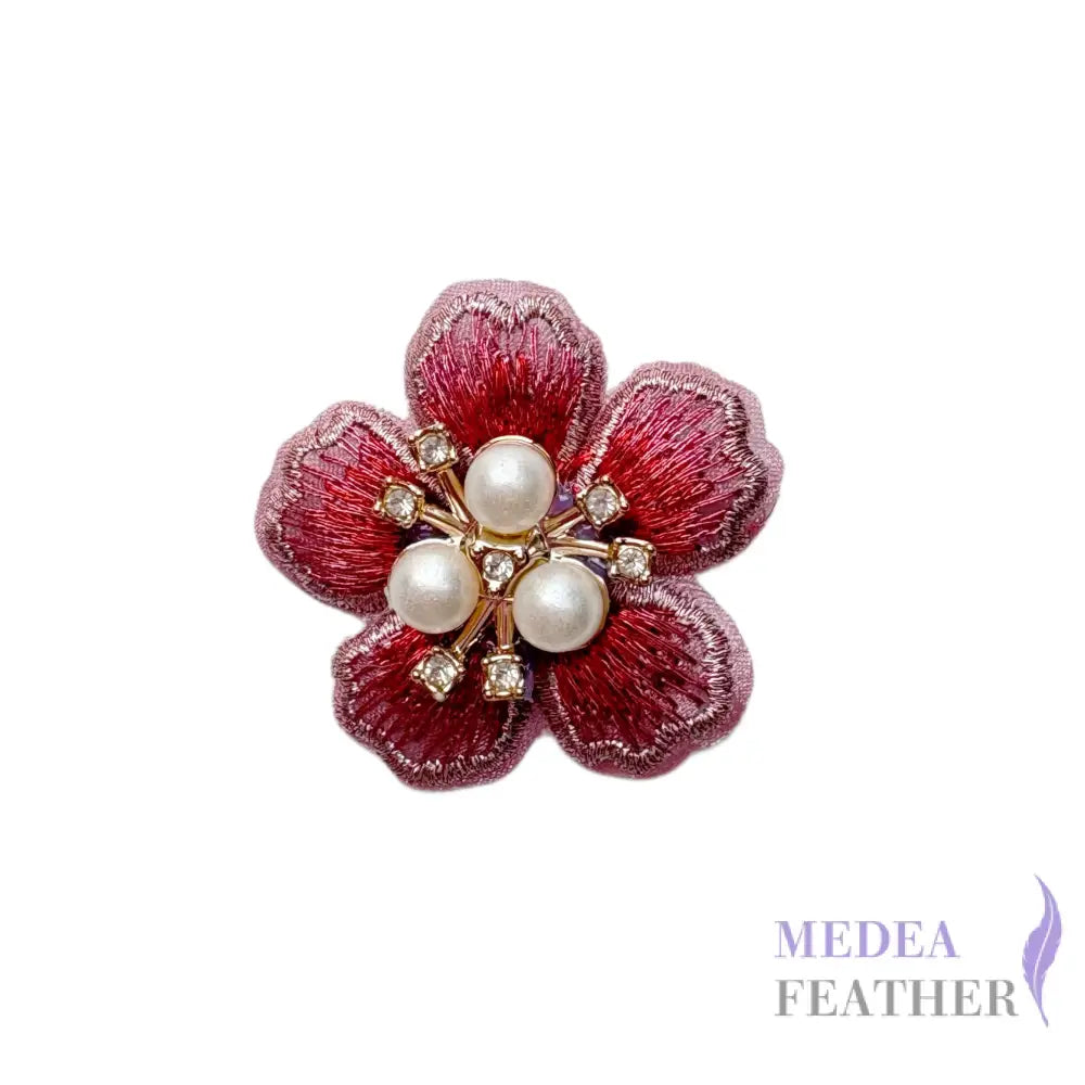 Embroidered Pearl Rhinestone Flower Applique - Wine Red