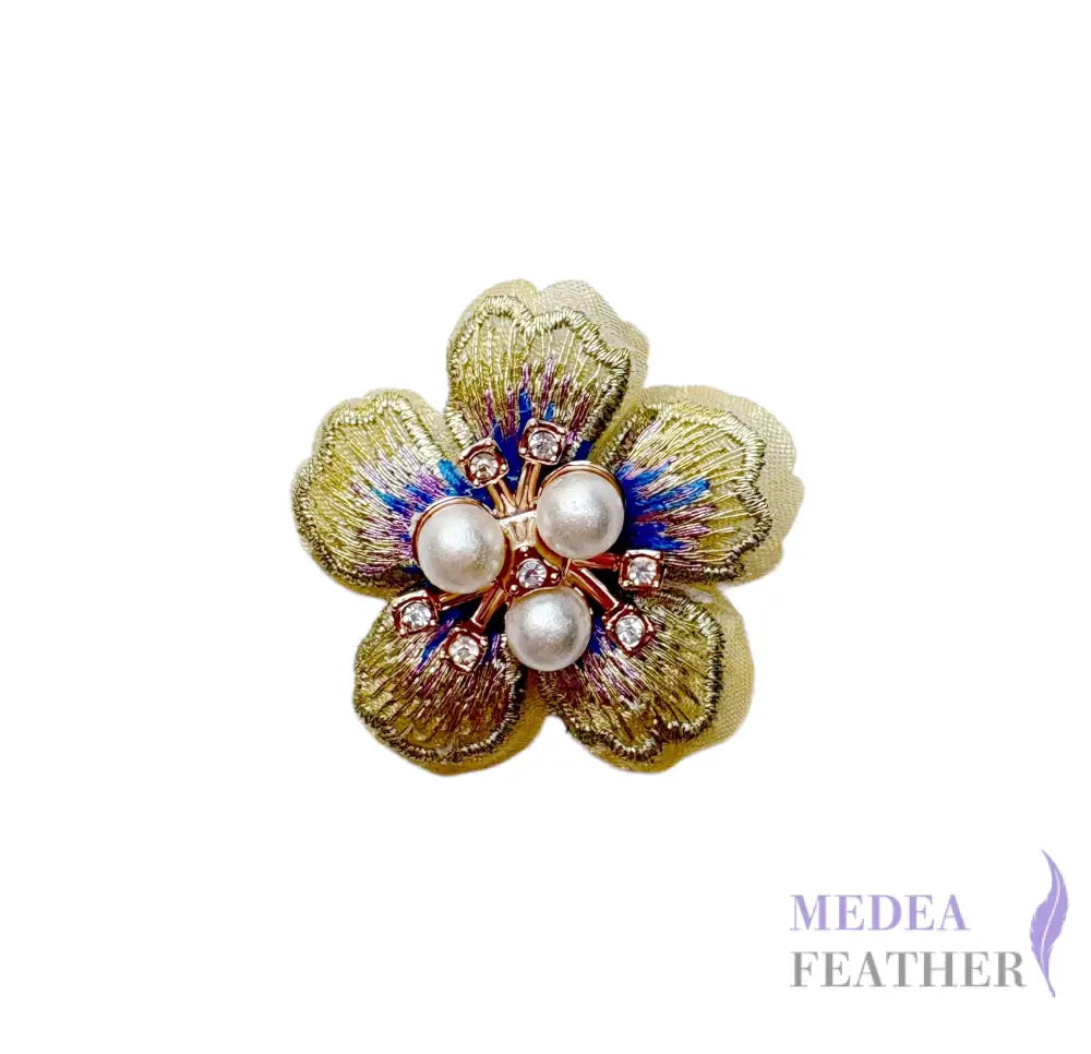 Embroidered Pearl Rhinestone Flower Applique - Lime Cream