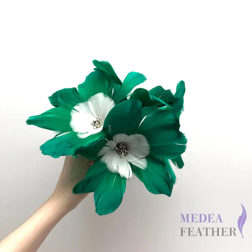 Five Flowers Handmade Double Layer Design Feather Flower Mount #72 green